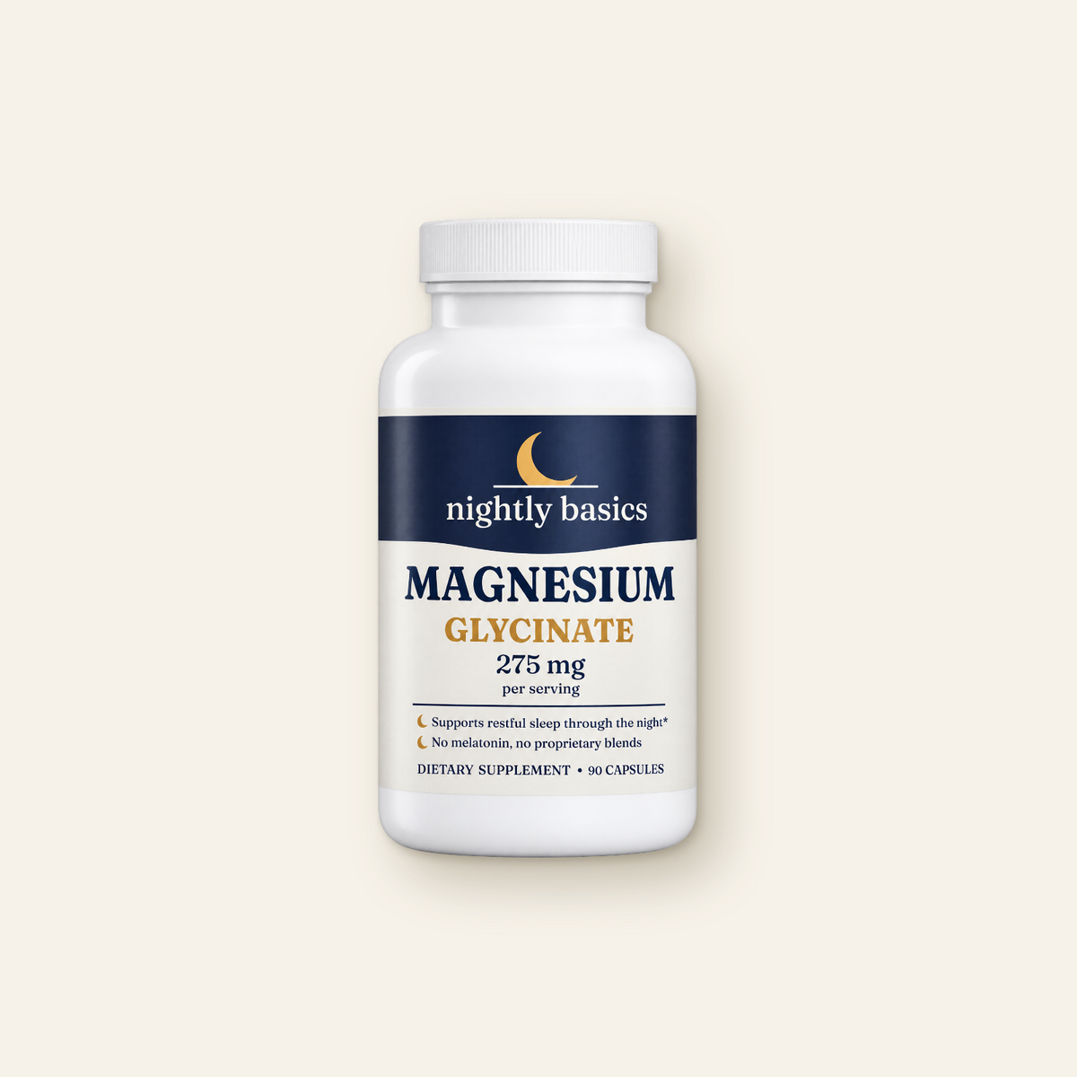 A bottle of Nightly Basics Magnesium Glycinate, 90 capsules.