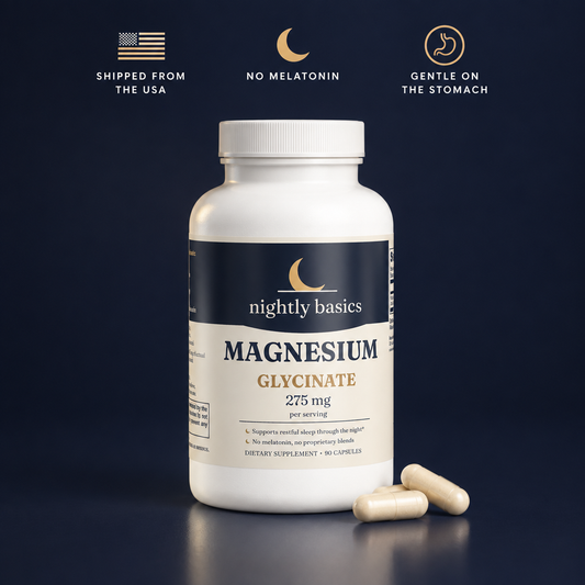Nightly Basics Magnesium Glycinate bottle, 275 mg per serving, 90 capsules