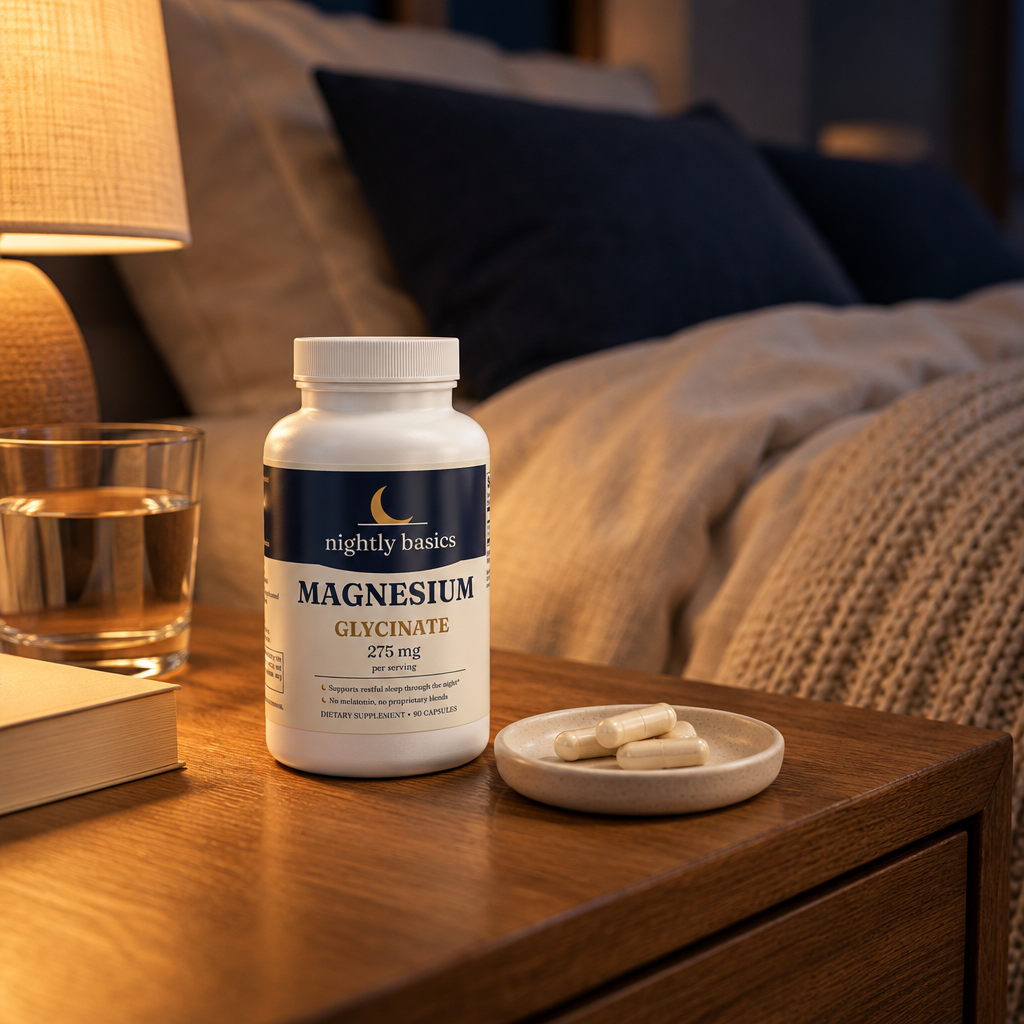 The bottle on a nightstand with a glass of water and a lamp